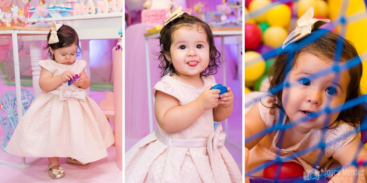 Fotografia de aniversário infantil, aniversariante aproveito muito sua festa de um ano com tema circo rosa.