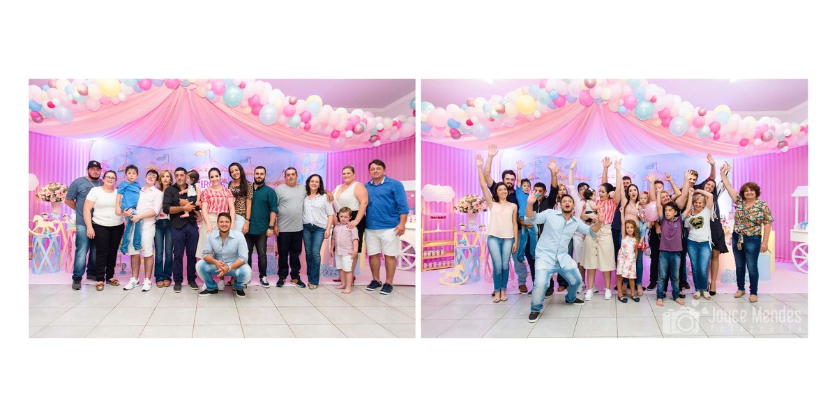 Fotografia dos convidados aproveitando festa infantil com o Tema Circo rosa.