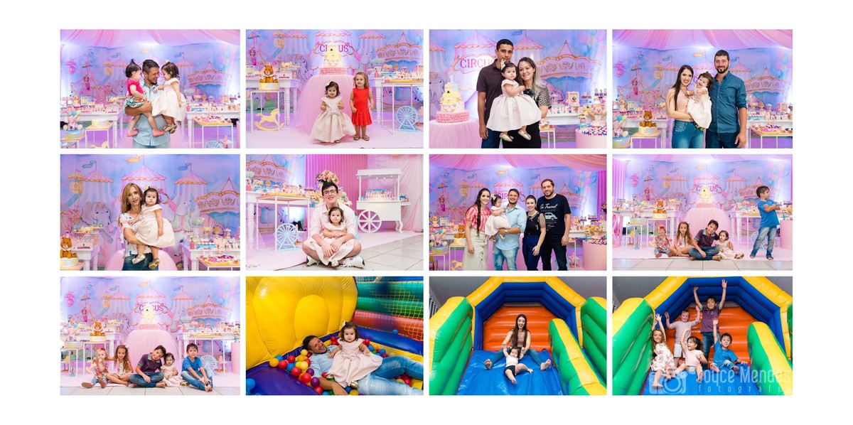 Fotografia dos convidados aproveitando festa infantil com o Tema Circo rosa.