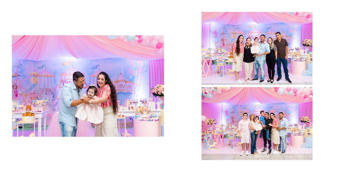 Fotografia de família em aniversário infantil com tema circo rosa.