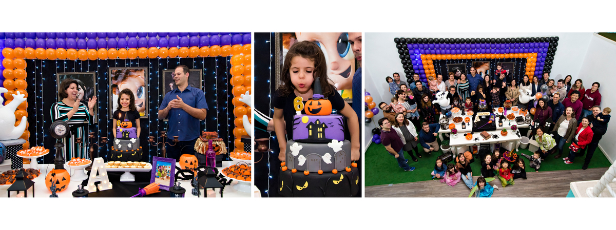 Hora do parabéns.
Aniversariante soprando velinha.
Todos os convidados tiram foto em festa infantil

