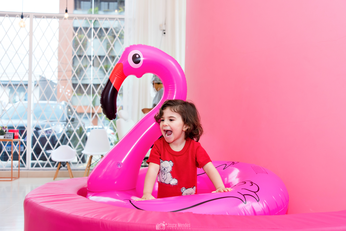 aniversariante brincando com Flamingo na piscina de bolinha
