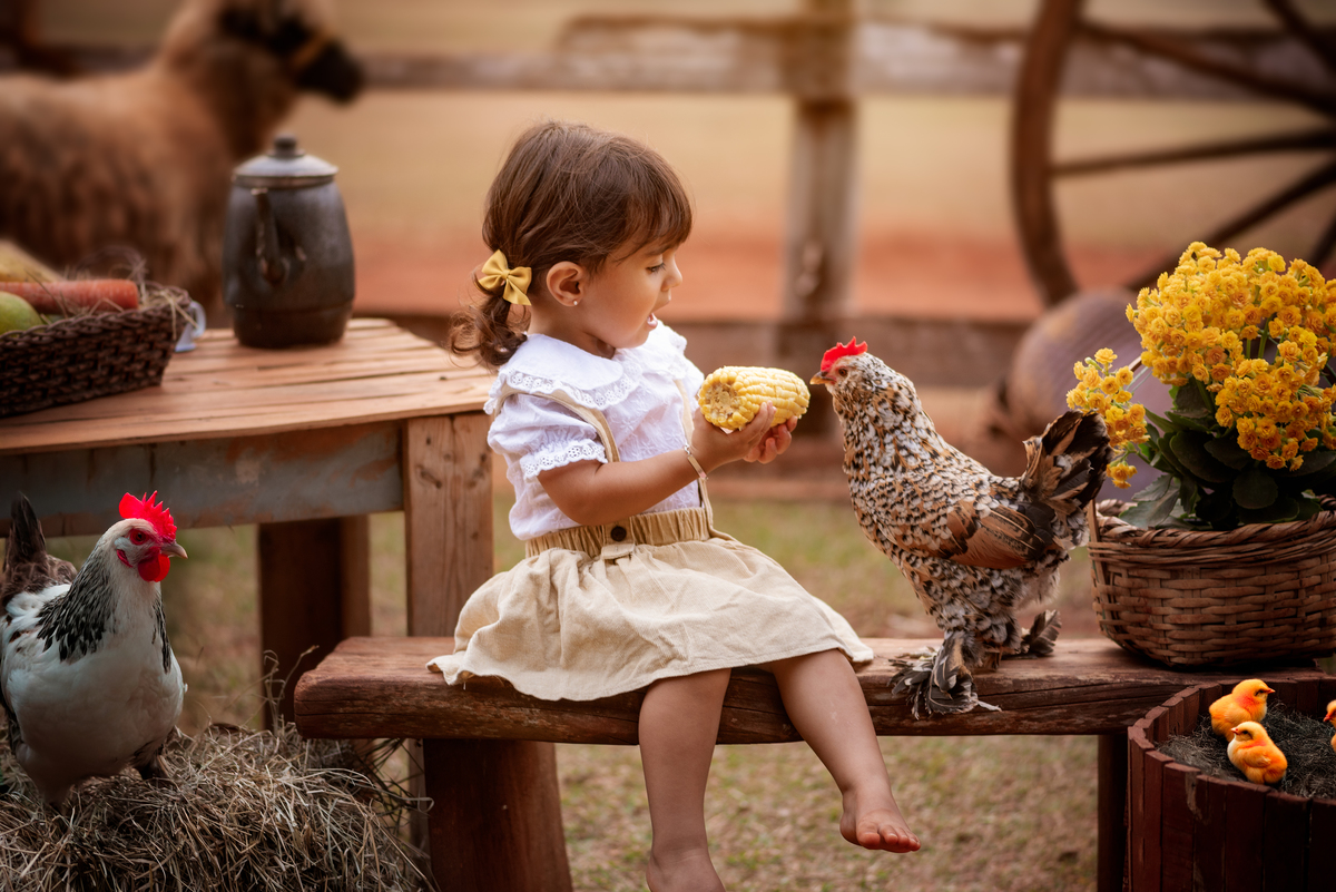Ensaio Fineart fotos crianças na natureza fotografia artística foto na fazendinha Limeira Araras 
criança com galinha