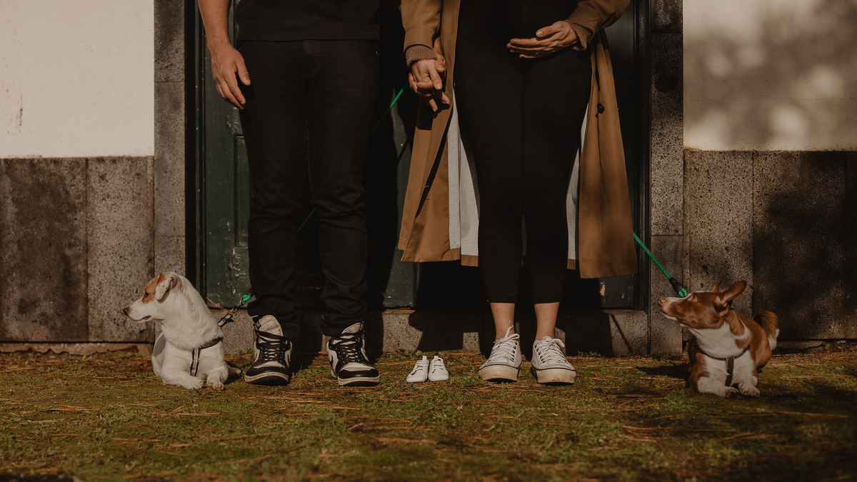 O casal na sessão de grávida com os seus cães e  com mais um sapatinho da Eloy que vai nascer em breve 