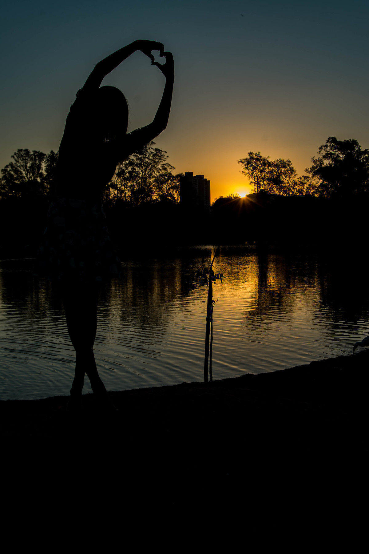 Ensaio debutante 15 anos menina silhueta ao por do sol em frente ao lago