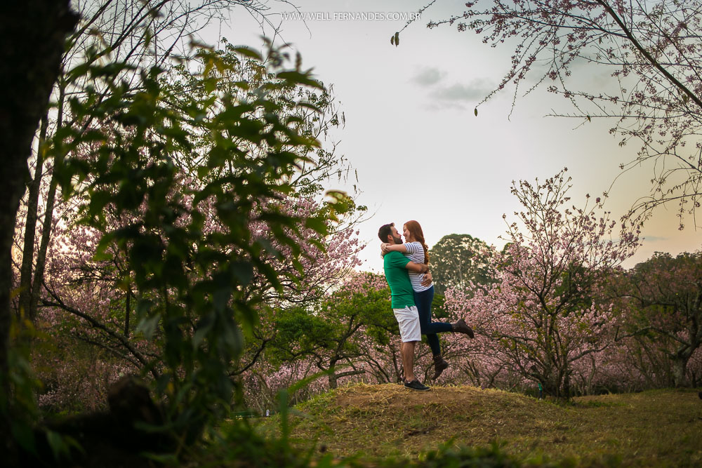 noiva e noivo se abraçando entre as cerejeiras