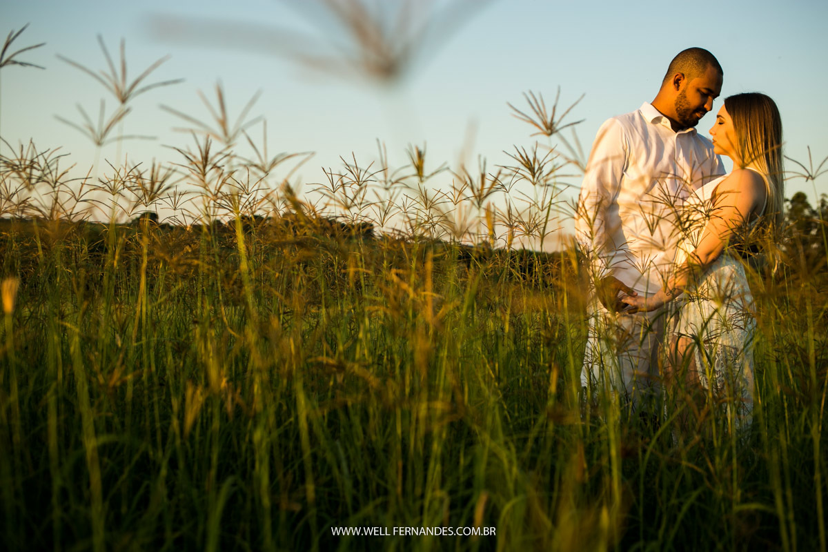 sessão de noivos no campo de feno