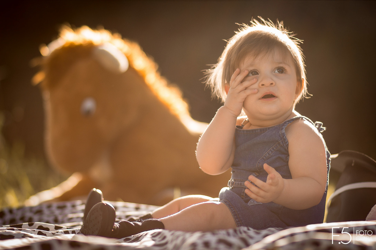 1 ano da Larinha, sentada na toalha e olhando a paisagem, em Muzambinho - MG.