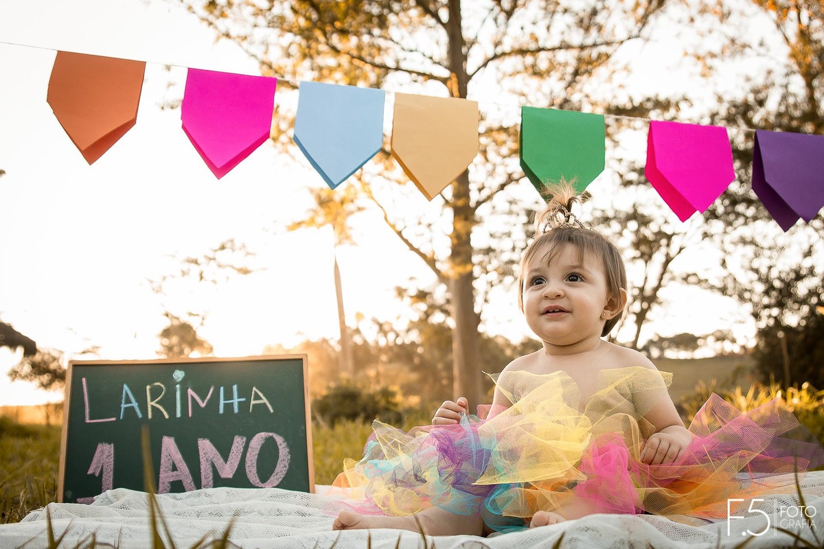 1 ano da Larinha, sorrindo e com bandeirinhas, em Muzambinho - MG.