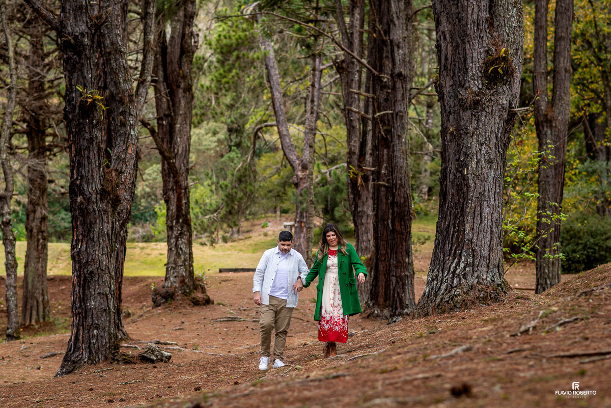 casal caminhado entre as árvores durante Ensaio Pre Wedding no Horto de Florestal de Campos de Jordão