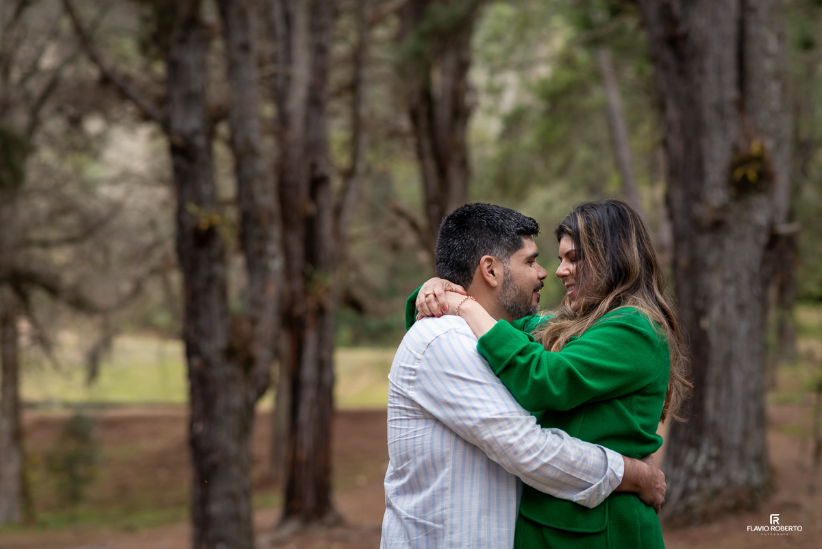 casal abraçado entre as árvores durante Ensaio Pre Wedding no Horto de Florestal de Campos de Jordão