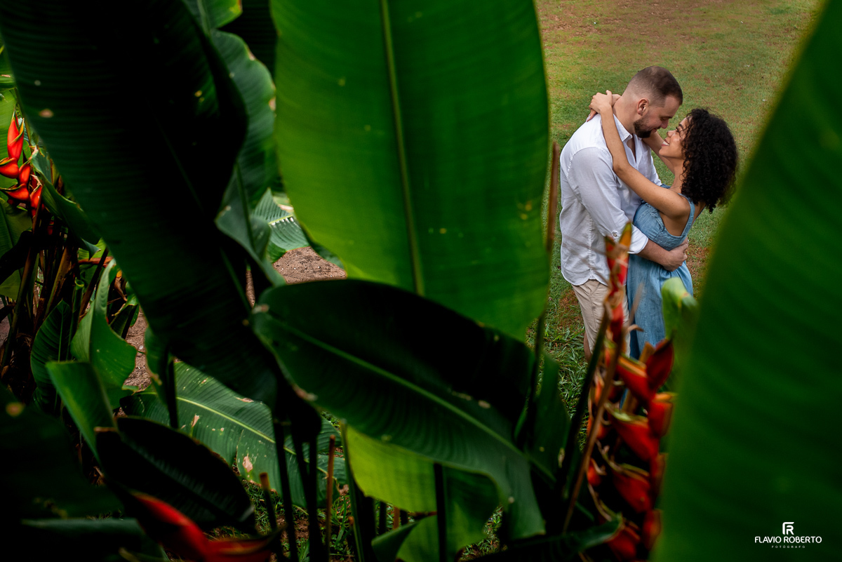 noivos abraçados entre as plantas, durante Ensaio Pre Wedding na praia vermelha do norte em ubatuba