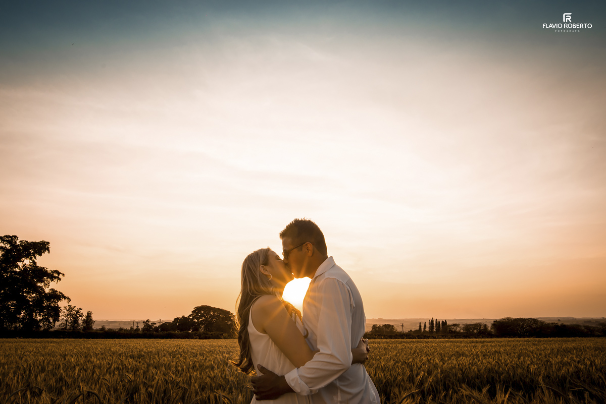 noivos se beijando na plantação de trigo durante Ensaio Pre Wedding em Holambra