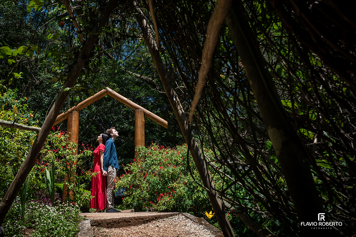 Casal contemplando a natureza em ensaio pré casamento no Jardim dos Pinhais, interior de São Paulo.