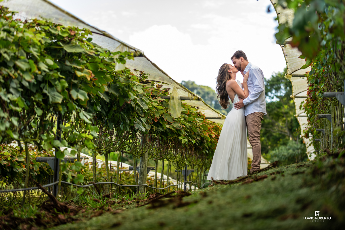 Casal Raissa e Anderson fotografado entre os vinhedos da Vinícola Essenza em Santo Antônio do Pinhal durante o pré wedding.
