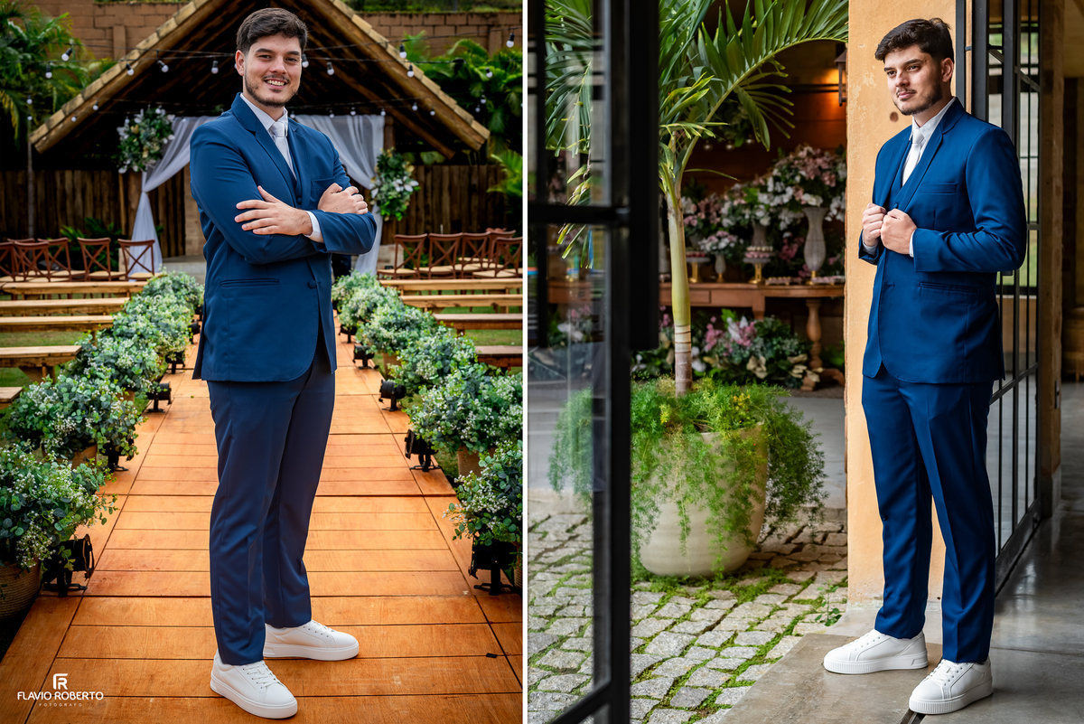 Retrato do noivo Victor pronto para a cerimônia de casamento ao ar livre no Espaço Aloha em Cruzeiro/SP.