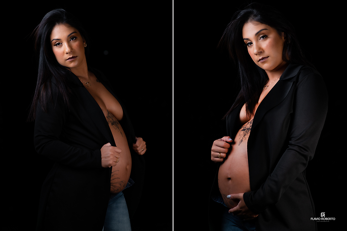 Mulher grávida de blazers preto durante ensaio de gestante em Holambra