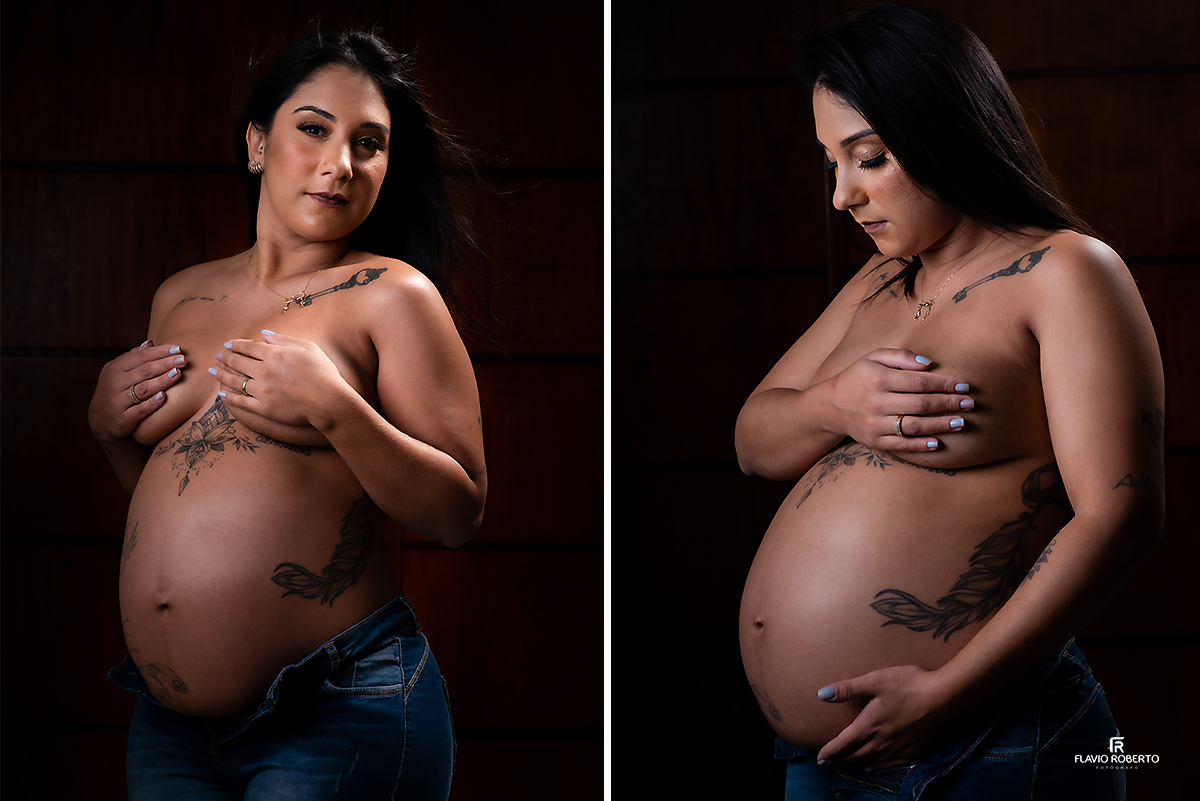 Gestante abraçando seu corpo durante ensaio em Holambra