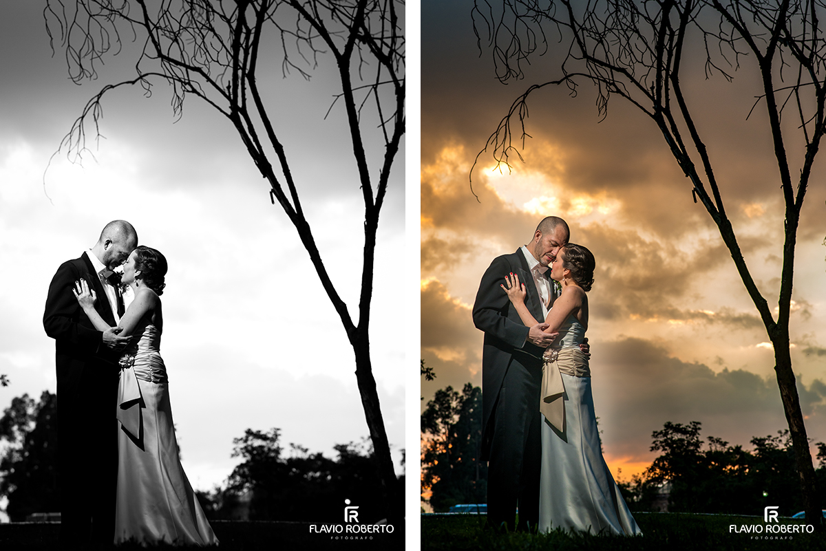 noivos abraçados com uma luz magica do céu