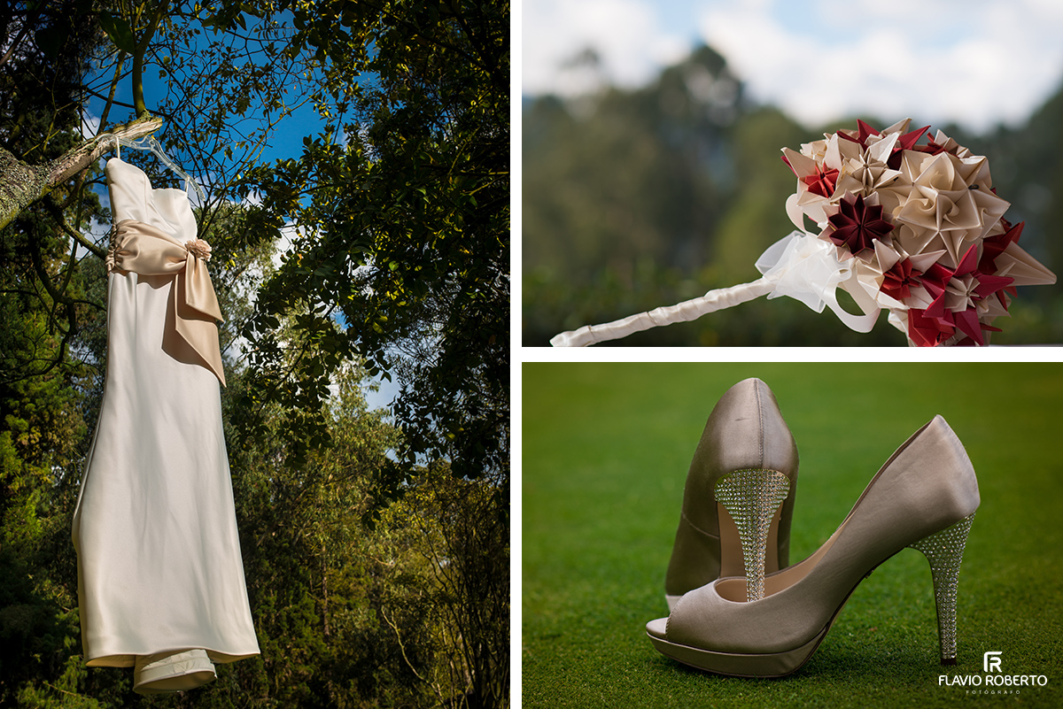 vestido sapatos e bouque da noiva