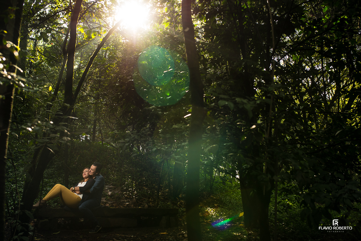 Casal namorando no bosque