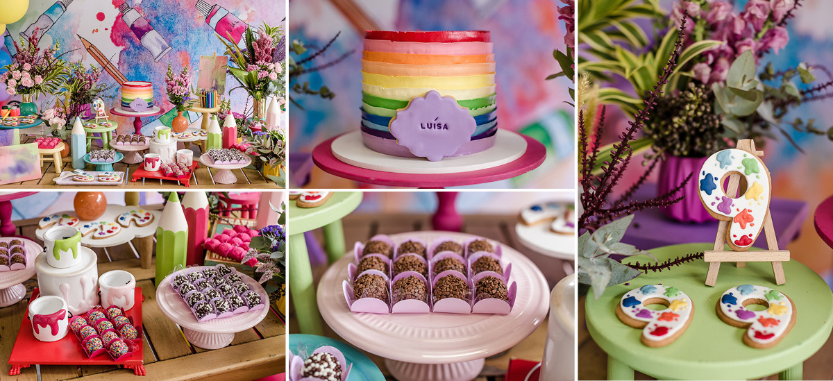 Mesa de aniversario com tema artes na Escola de artes circenses trapézio voador jardim guedala sao paulo sp