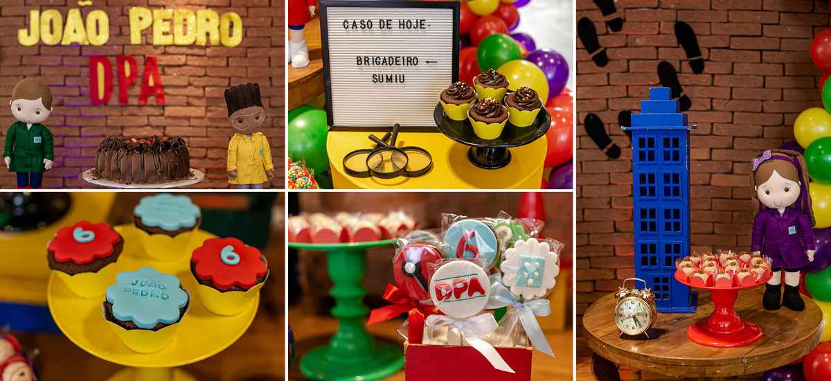 mesa de aniversario com o tema detetives do predio azul DPA no buffet engenho moema em sao paulo sp
