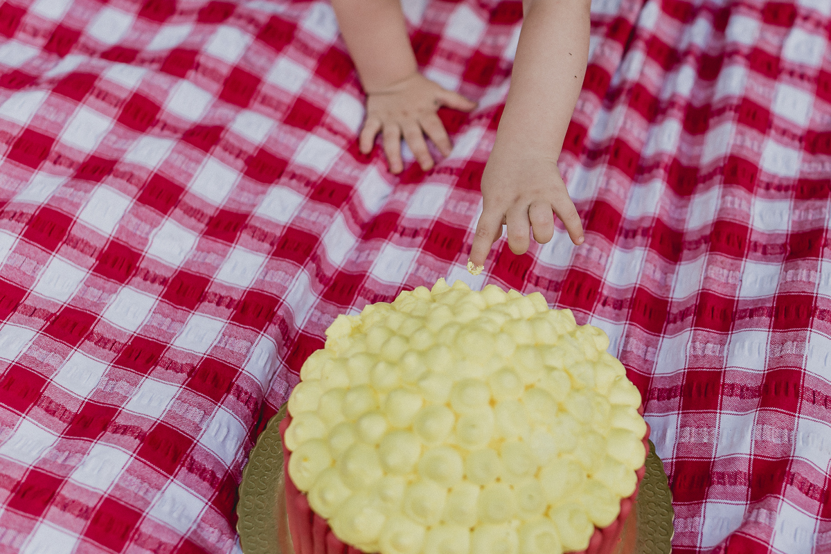 detalhe da Mao do Joao tocando o bolo pela primeira vez