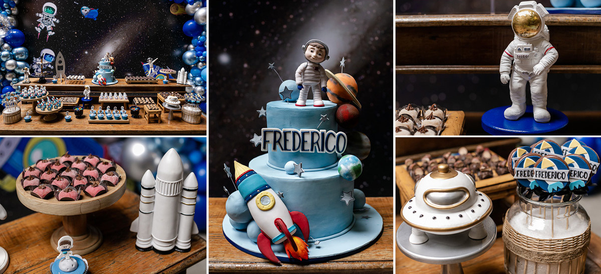 detalhes da mesa de aniversário com o tema foguete e espaço