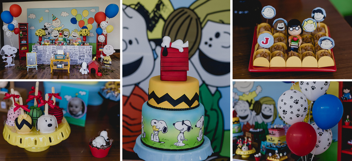 detalhes da mesa do bolo com o tema snoop