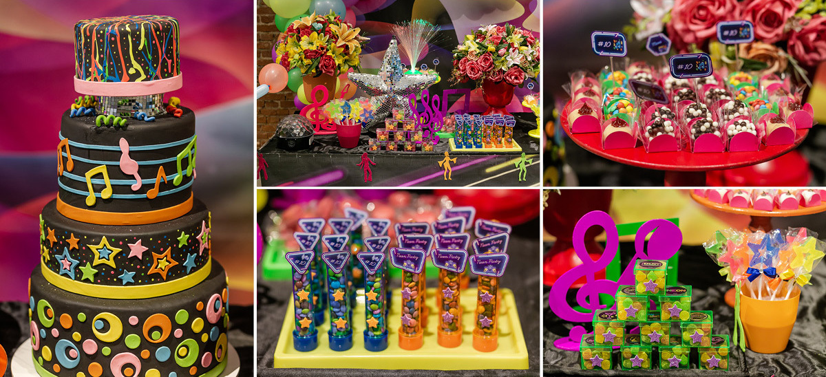 detalhes da mesa decorada com o tema baladinha no buffet ra tim boom vila lobos zona sul sao paulo sp