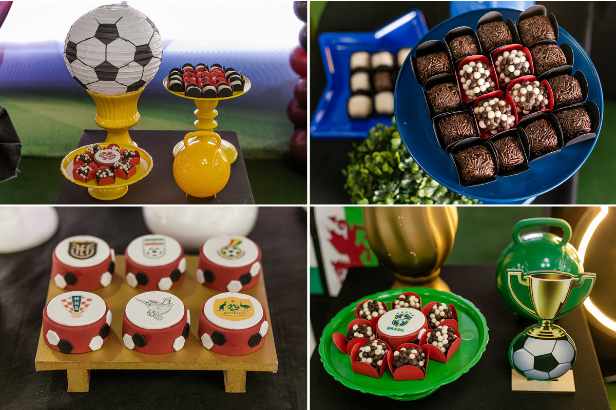 mesa decorada com o tema copa do mundo no buffet fantastic world dentro do estádio do morumbi zona sul sao paulo sp