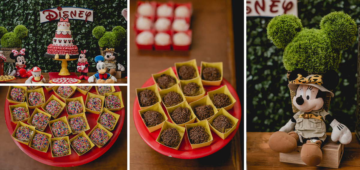 detalhes da mesa do bolo com o tema minnie