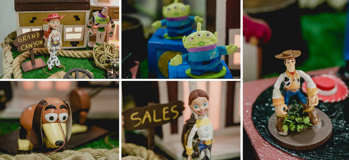 detalhes da mesa do bolo com o tema toy story
