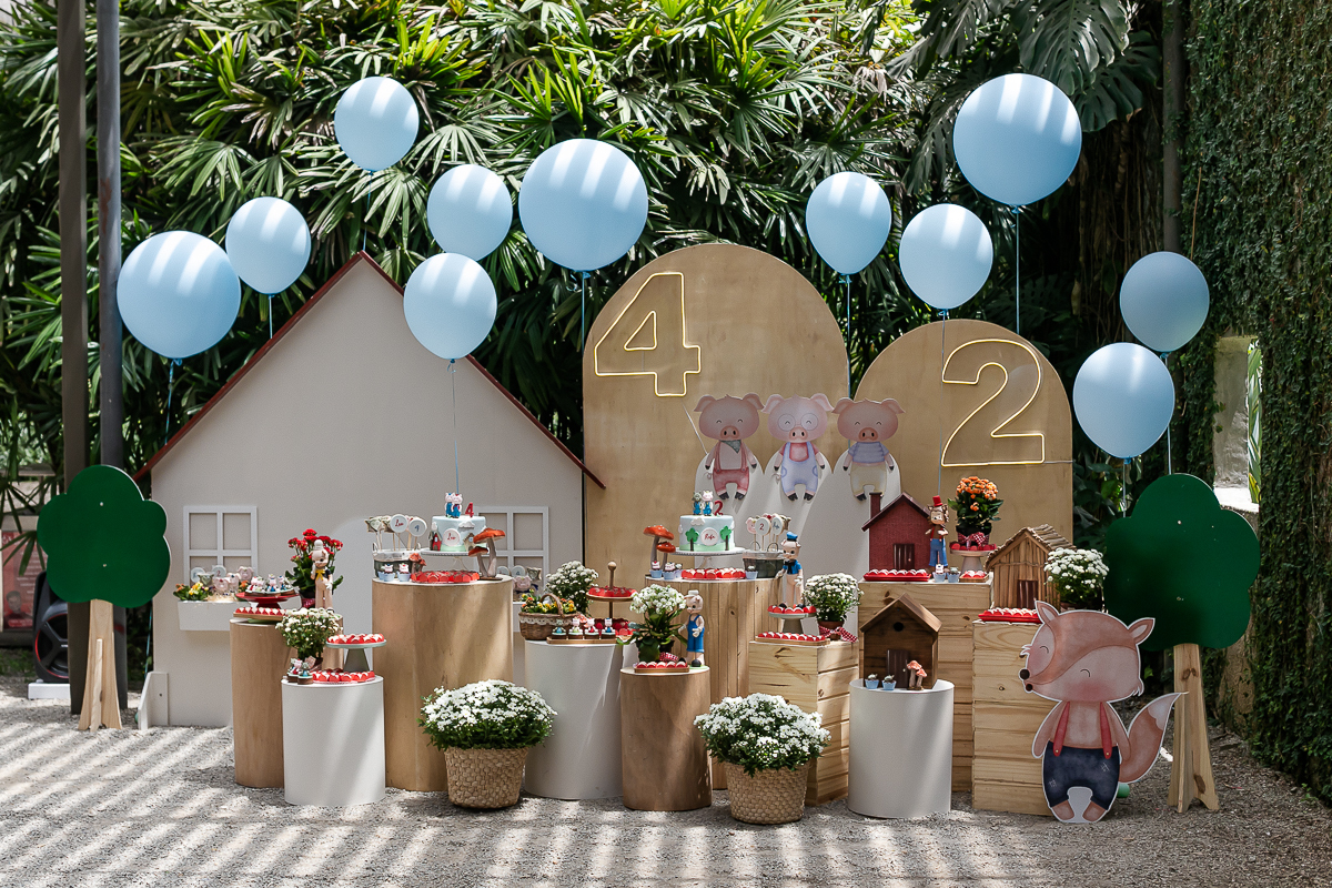 fotografias do aniversário de 4 anos do leonardo e 2 anos do rafael com tema os 3 porquinhos no parque burle marx em sao paulo sp
