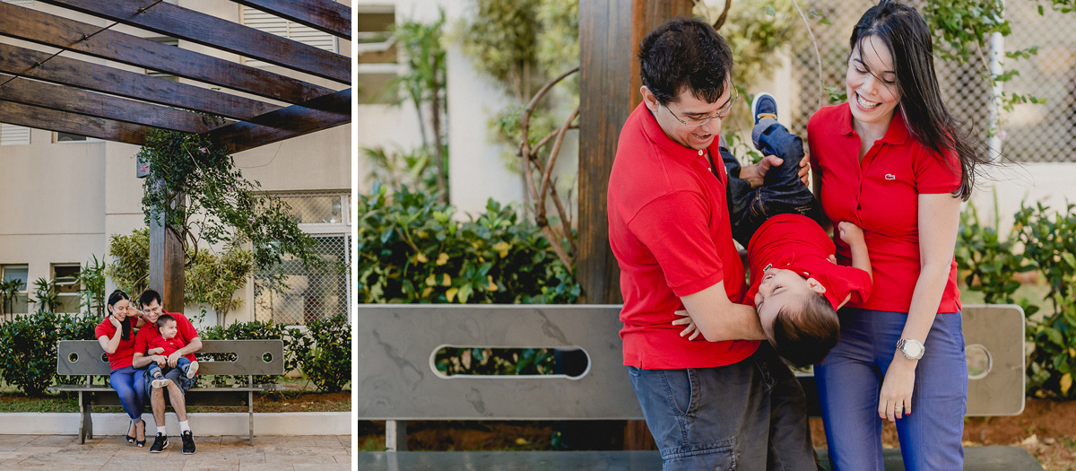 retrato emfamilia se divertindo com o pedro de cabeça para baixo