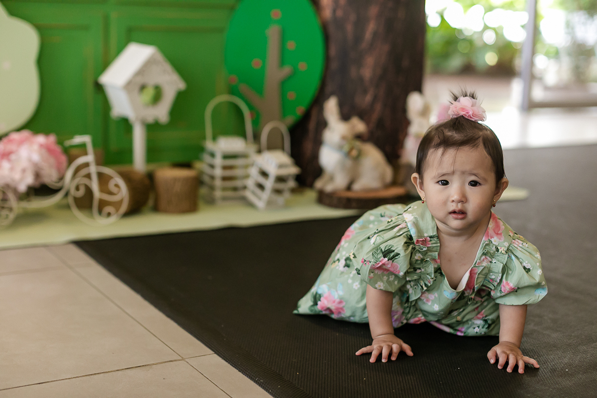 fotografias do aniversário de 1 ano da bianca com o tema jardim que aconteceu no salão de festas do condominio da familia