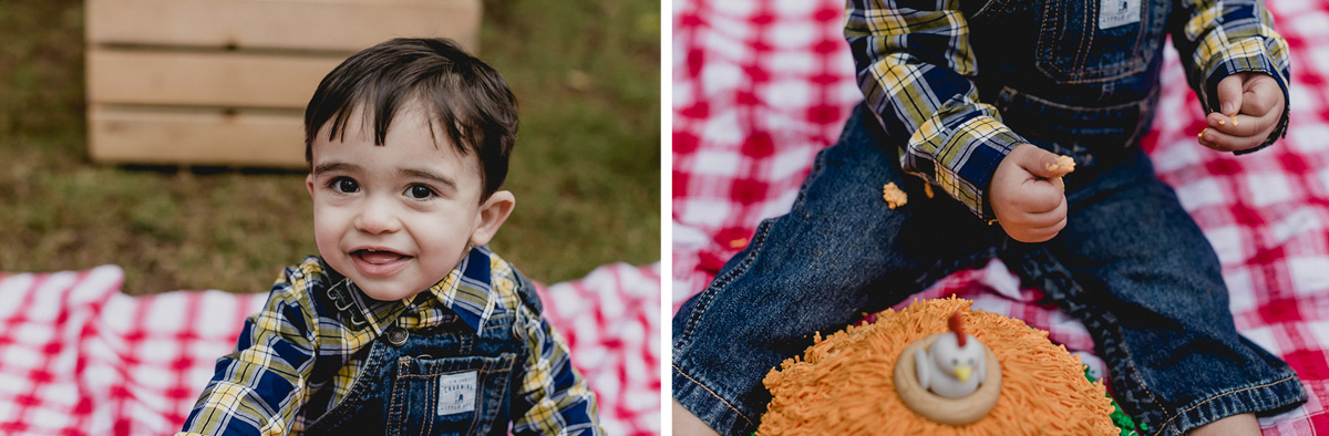 lucca sorrindo e detalhe da mão cheia de bolo