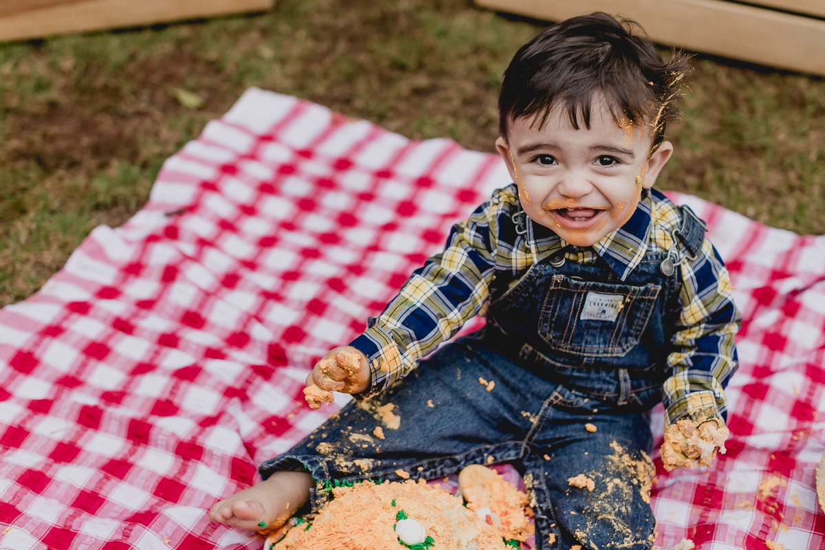 lucca dando muitas risadas e destruindo o bolo