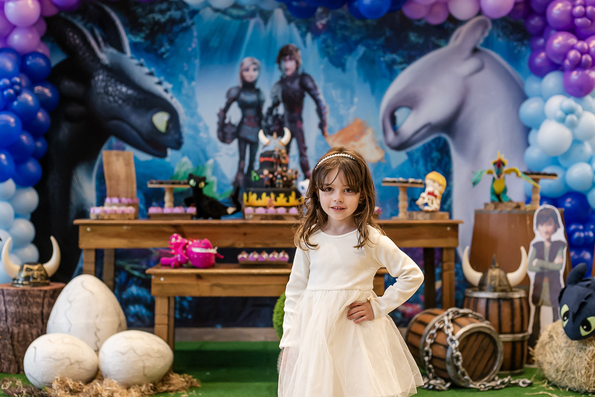fotografias do aniversário de 5 anos da Helena com o tema como treinar seu dragão no buffet estação diversão em alphaville são paulo sp