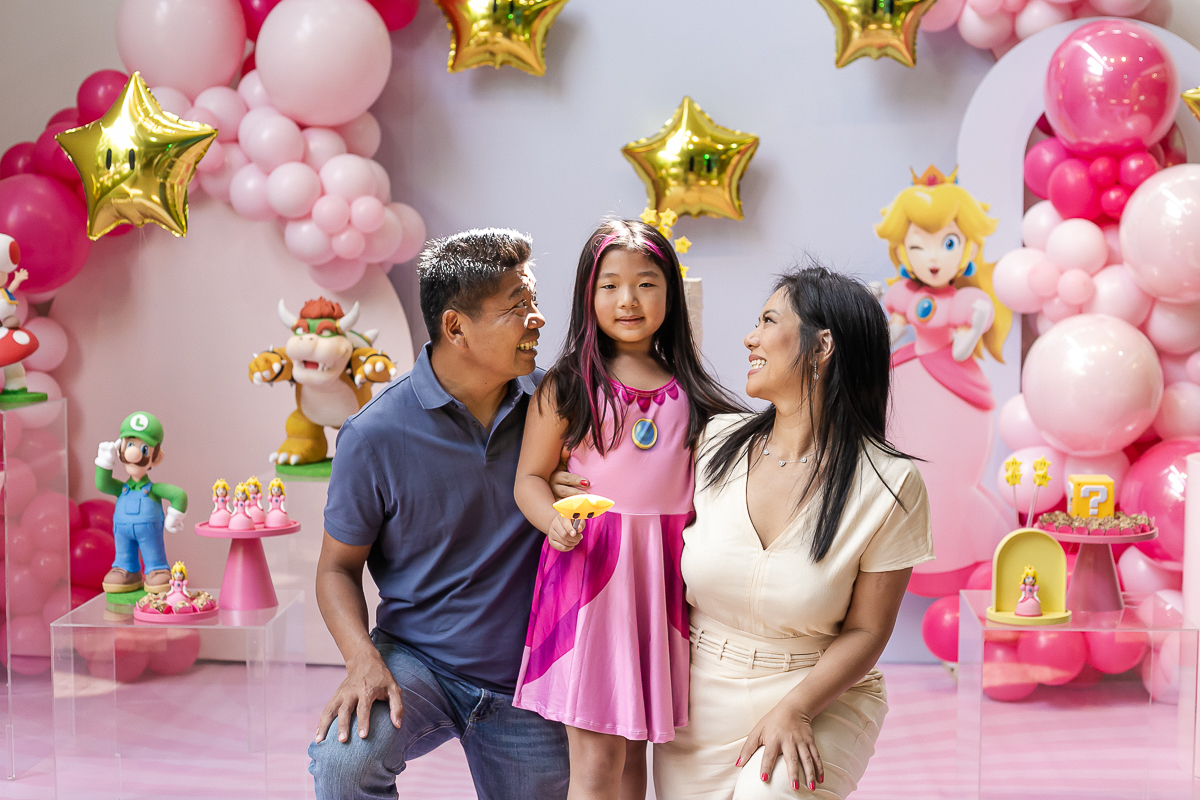 fotografias do aniversário de 7 anos da liz com o tema super mario e princesa no buffet espaço entre folhas em moema zona sul sao paulo sp