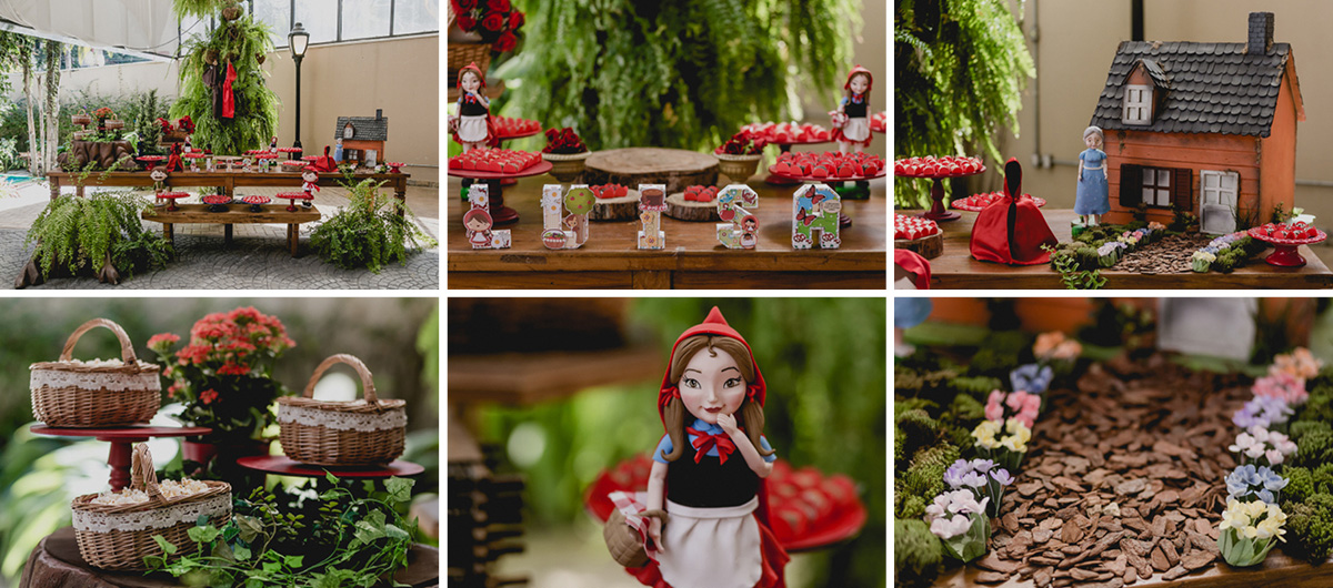 detalhes ta mesa do bolo com o tema chapeuzinho vermelho