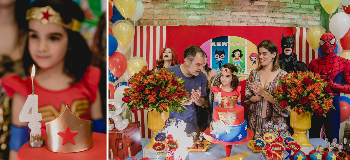 cantando o parabens de 4 anos com o tema mulher maravilha