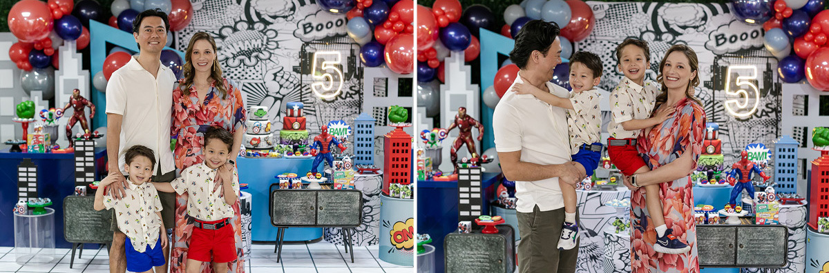 fotografias do aniversário de 5 anos do benny e do dan com o tema super herois no buffet pimentas no reino no bairro jardim em santo andre sao paulo sp
