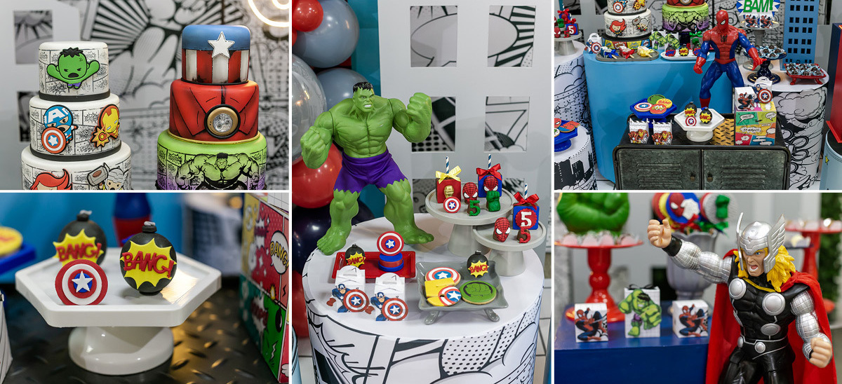 fotografias do aniversário de 5 anos do benny e do dan com o tema super herois no buffet pimentas no reino no bairro jardim em santo andre sao paulo sp