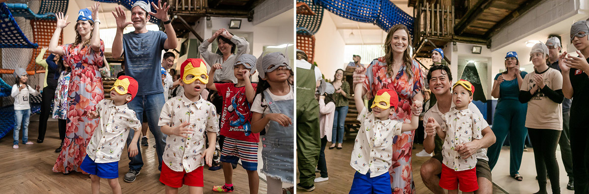 fotografias do aniversário de 5 anos do benny e do dan com o tema super herois no buffet pimentas no reino no bairro jardim em santo andre sao paulo sp