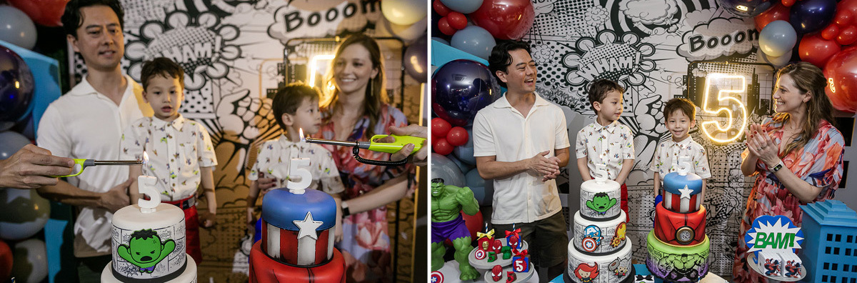 fotografias do aniversário de 5 anos do benny e do dan com o tema super herois no buffet pimentas no reino no bairro jardim em santo andre sao paulo sp