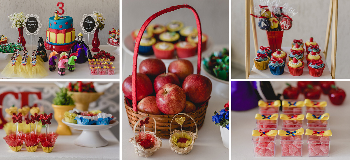 detalhes da mesa do bolo com o tema da branca de neve