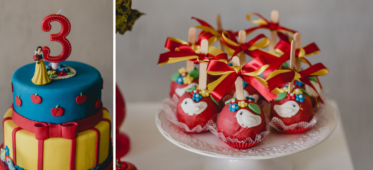bolo e maça do amor com o tema da branca de neve
