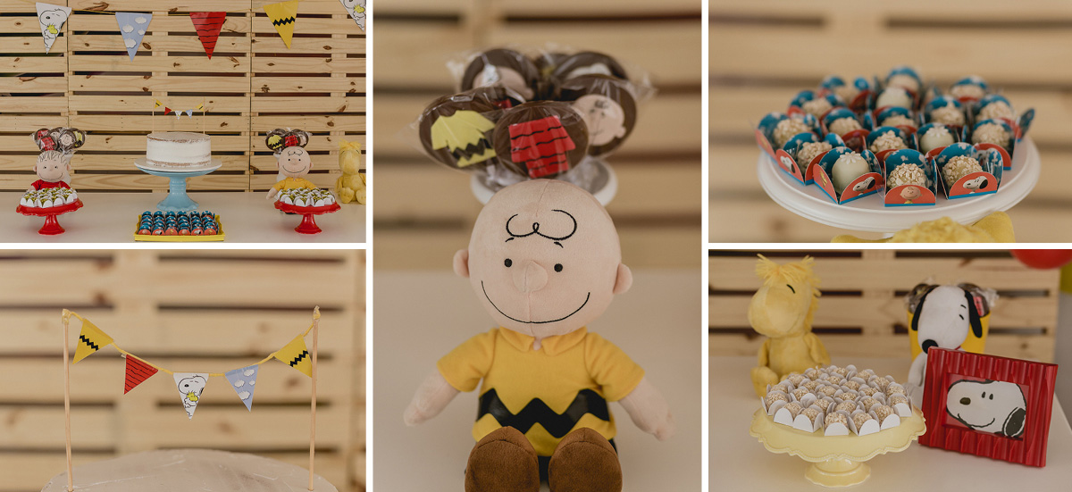 detalhes da mesa do bolo com o tema charlie brown